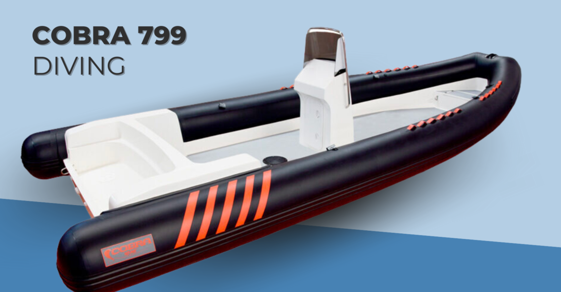 Embarcaión Semirrígida Cobra 799 PVC para buceo profesional con casco en V profunda y gran capacidad de carga.