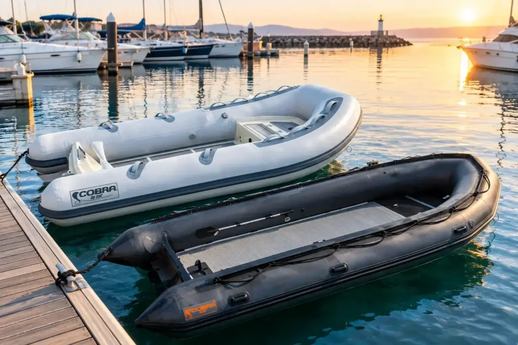 Embarcaciones neumáticas y semirrígidas amarradas en el pantalán de un puerto deportivo