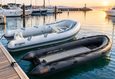 Embarcaciones neumáticas y semirrígidas amarradas en el pantalán de un puerto deportivo