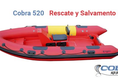 Embarcación de rescate Cobra 520 con sistema de flotador lateral desinflable para acceso de heridos.