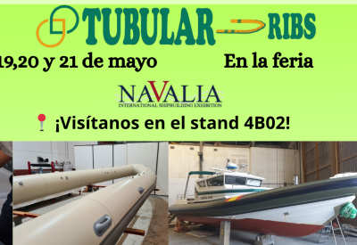 Cartel informativo de la presencia de Tubular Ribs en Navalia 2026, stand 4B02, destacando fabricación y reparación de flotadores.